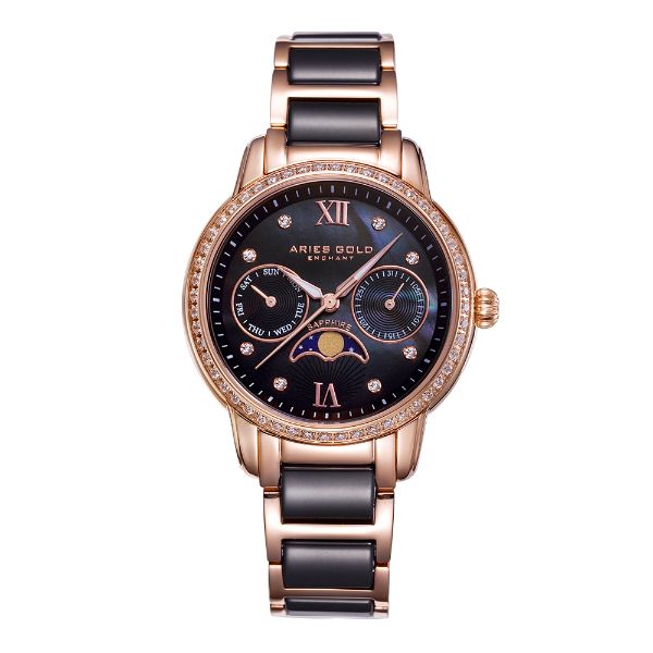 ARIES GOLD ENCHANT LUNA ROSE GOLD STAINLESS STEEL L 58010L RG-BKMP BLACK CERAMIC WOMEN'S WATCH